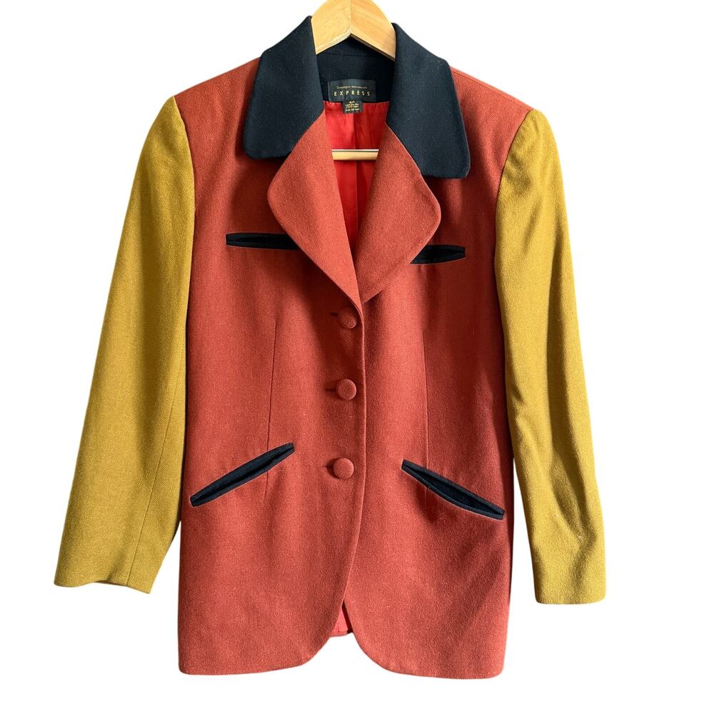 90s Vintage EXPRESS | Rust and Pea Green Color block Blazer Suit Jacket | Small - Picture 1 of 6